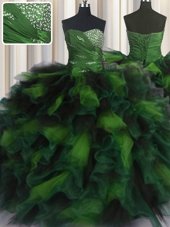 Perfect Sweetheart Sleeveless Quinceanera Dresses Floor Length Beading and Ruffles Olive Green Organza and Tulle