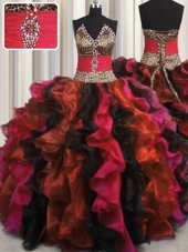 Glorious Leopard V Neck Multi-color Lace Up V-neck Beading and Ruffles Quince Ball Gowns Organza Sleeveless