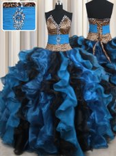 Beauteous Leopard Two Tone V Neck Blue And Black Sleeveless Organza and Printed Lace Up 15th Birthday Dress for Military Ball and Sweet 16 and Quinceanera
