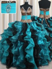 Superior Leopard Two Tone V Neck Multi-color Sleeveless Beading and Ruffles Floor Length 15 Quinceanera Dress