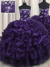 Amazing Floor Length Lace Up Ball Gown Prom Dress Purple and In for Military Ball and Sweet 16 and Quinceanera with Appliques and Ruffles and Ruffled Layers