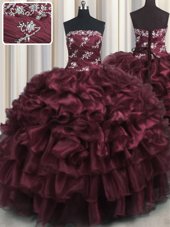 Delicate Ruffled Layers Floor Length Wine Red Quinceanera Gown Strapless Sleeveless Lace Up