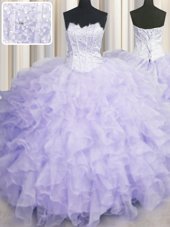Modest Organza Scalloped Sleeveless Lace Up Beading and Ruffles Quinceanera Gowns in Lavender