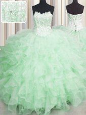 Fabulous Scalloped Visible Boning Floor Length Apple Green Ball Gown Prom Dress Organza Sleeveless Beading and Ruffles