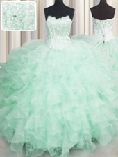 Beauteous Visible Boning Apple Green Ball Gowns Organza Scalloped Sleeveless Beading and Ruffles Floor Length Lace Up Vestidos de Quinceanera