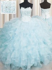 Sexy Scalloped Floor Length Lace Up Quinceanera Gown Baby Blue and In for Military Ball and Sweet 16 and Quinceanera with Ruffles