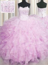 Fancy Visible Boning Scalloped Lilac Lace Up Quinceanera Gowns Beading and Ruffles Sleeveless Floor Length