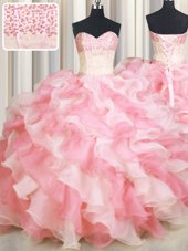 Visible Boning Two Tone Multi-color Sweetheart Lace Up Beading and Ruffles Quince Ball Gowns Sleeveless