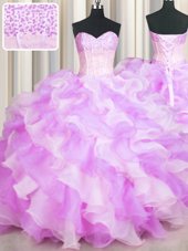 Attractive Visible Boning Two Tone Beading and Ruffles Quinceanera Gown Multi-color Lace Up Sleeveless Floor Length