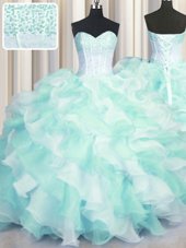 Two Tone Visible Boning Multi-color Lace Up Quinceanera Dress Beading and Ruffles Sleeveless Floor Length