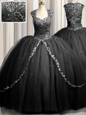 Sweet Zipple Up Black Zipper Sweetheart Beading and Appliques Quince Ball Gowns Tulle Cap Sleeves Brush Train