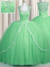 High Class Zipper Sweetheart Cap Sleeves Quinceanera Gowns Brush Train Beading and Appliques Apple Green Tulle