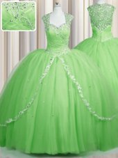 Excellent See Through Cap Sleeves Brush Train Zipper With Train Beading and Appliques Sweet 16 Dress
