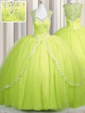 Artistic Zipper Up Yellow Green Zipper Sweetheart Beading and Appliques Quinceanera Dress Tulle Cap Sleeves Brush Train
