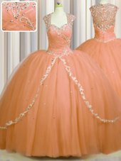 Fashionable See Through Back Orange Sweet 16 Quinceanera Dress Military Ball and Sweet 16 and Quinceanera and For with Beading and Appliques Sweetheart Cap Sleeves Brush Train Zipper