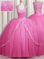 Unique Zipper Up Rose Pink Zipper Sweet 16 Quinceanera Dress Beading and Appliques Cap Sleeves With Brush Train