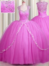 Superior See Through Sweetheart Cap Sleeves Tulle Quinceanera Gowns Beading and Appliques Brush Train Zipper