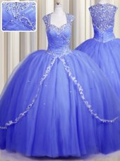 Spectacular Zipper Up Tulle Sweetheart Cap Sleeves Brush Train Zipper Beading and Appliques Quinceanera Dresses in Lavender
