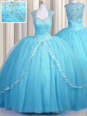 Beautiful See Through Cap Sleeves Tulle With Brush Train Zipper Sweet 16 Dresses in Baby Blue for with Beading and Appliques