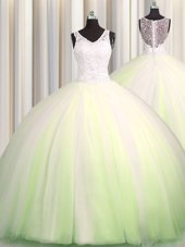 Excellent Zipple Up Big Puffy Sleeveless Tulle Brush Train Zipper Quinceanera Dress in Yellow Green for with Beading and Appliques