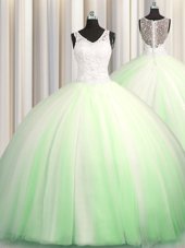 Flare See Through Zipple Up Ball Gowns V-neck Sleeveless Tulle Brush Train Zipper Beading and Appliques 15 Quinceanera Dress