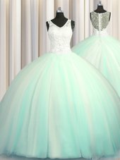 Eye-catching Big Puffy Zipper Up Apple Green Sleeveless Tulle Brush Train Zipper Quinceanera Dresses for Military Ball and Sweet 16 and Quinceanera