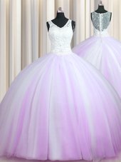 Most Popular V Neck Zipper Up Lilac Sweet 16 Quinceanera Dress Military Ball and Sweet 16 and Quinceanera and For with Beading V-neck Sleeveless Brush Train Zipper