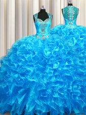 Spectacular Zipper Up See Through Back Baby Blue Ball Gowns Beading and Ruffles Sweet 16 Dresses Zipper Organza Sleeveless With Train