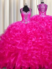 Spectacular Zipper Up See Through Back Fuchsia Ball Gowns Straps Sleeveless Organza With Train Sweep Train Zipper Beading and Ruffles 15 Quinceanera Dress