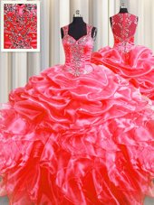Stylish Pick Ups Zipper Up See Through Back Floor Length Coral Red Sweet 16 Dresses Straps Sleeveless Sweep Train Zipper