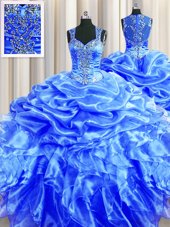 Lovely Zipper Up See Through Back Floor Length Zipper Quinceanera Gowns Blue and In for Military Ball and Sweet 16 and Quinceanera with Beading and Ruffles and Pick Ups
