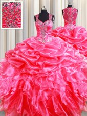 Nice Zipper Up See Through Back Floor Length Hot Pink Sweet 16 Quinceanera Dress Organza Sleeveless Beading and Ruffles and Pick Ups