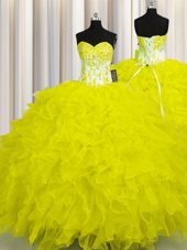 Fantastic Ball Gowns Quinceanera Dress Yellow Sweetheart Organza Sleeveless Floor Length Lace Up