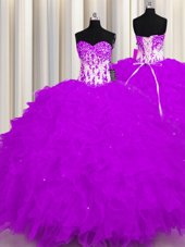 Affordable Purple Organza Lace Up Sweetheart Sleeveless Floor Length Quinceanera Dresses Appliques and Ruffles