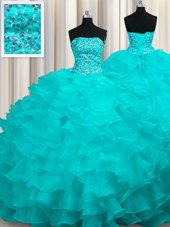 Exceptional Sweep Train Aqua Blue Ball Gowns Beading and Ruffles Quinceanera Gowns Lace Up Organza Sleeveless With Train