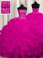 Customized Sweep Train Fuchsia Ball Gowns Beading and Ruffles Sweet 16 Dress Lace Up Organza Sleeveless With Train