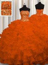 Pretty Rust Red Ball Gowns Strapless Sleeveless Organza Sweep Train Lace Up Beading and Ruffles Sweet 16 Quinceanera Dress