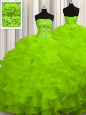 Luxurious Strapless Sleeveless Sweet 16 Quinceanera Dress Sweep Train Beading and Ruffles Yellow Green Organza
