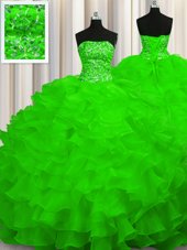 Delicate Strapless Sleeveless Organza 15th Birthday Dress Beading and Ruffles Sweep Train Lace Up