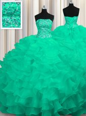 Admirable Lace Up Quinceanera Gowns Turquoise and In for Military Ball and Sweet 16 and Quinceanera with Beading and Ruffles Sweep Train