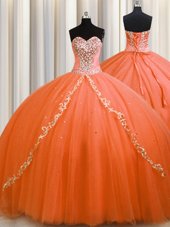 Colorful Orange Tulle Lace Up Sweetheart Sleeveless Quinceanera Dresses Brush Train Beading