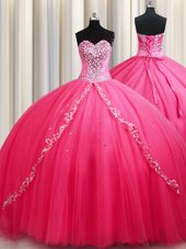 Hot Pink Tulle Lace Up Sweetheart Sleeveless Vestidos de Quinceanera Brush Train Beading