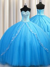 Beautiful Baby Blue Tulle Lace Up Ball Gown Prom Dress Sleeveless Brush Train Beading