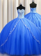 Fitting Sweetheart Sleeveless Brush Train Lace Up Ball Gown Prom Dress Blue Tulle