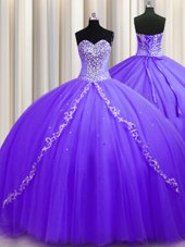 Fantastic Sweep Train Lavender Ball Gowns Beading Quince Ball Gowns Lace Up Tulle Sleeveless