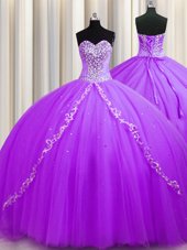 Beauteous Purple Quinceanera Gown Tulle Sweep Train Sleeveless Beading