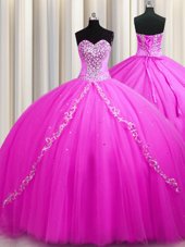 Sweet Sweep Train Rose Pink Sleeveless Tulle Lace Up Ball Gown Prom Dress for Military Ball and Sweet 16 and Quinceanera