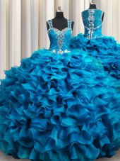 Deluxe Zipple Up See Through Back Sleeveless Floor Length Beading and Ruffles Zipper Sweet 16 Dresses with Baby Blue