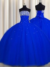 Latest Really Puffy Sleeveless Floor Length Beading and Sequins Lace Up Quinceanera Gowns with Royal Blue