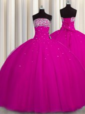 Customized Puffy Skirt Floor Length Ball Gowns Sleeveless Fuchsia Quinceanera Gowns Lace Up